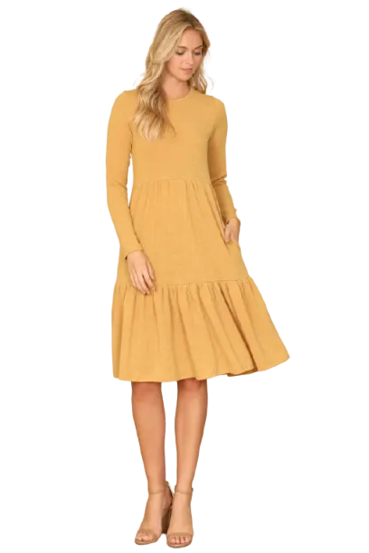 Long Sleeve Round Neck Chambray Tiered  Dark Mustard - Pack of 6