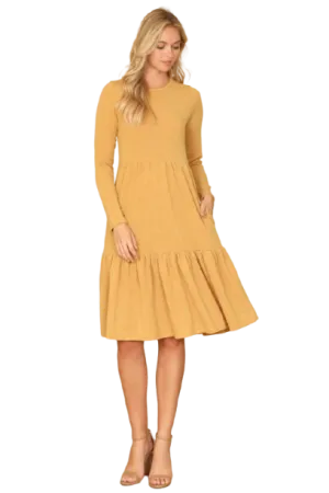 Long Sleeve Round Neck Chambray Tiered  Dark Mustard - Pack of 6