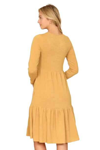 Long Sleeve Round Neck Chambray Tiered  Dark Mustard - Pack of 6