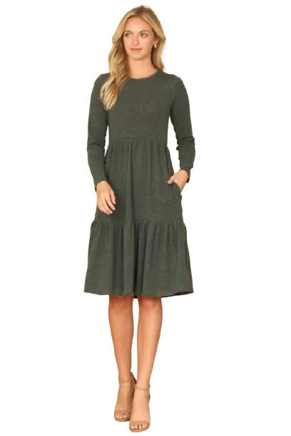 Long Sleeve Round Neck Chambray Tiered  Dark Olive - Pack of 6