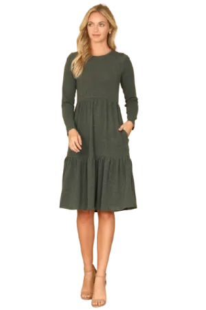 Long Sleeve Round Neck Chambray Tiered  Dark Olive - Pack of 6