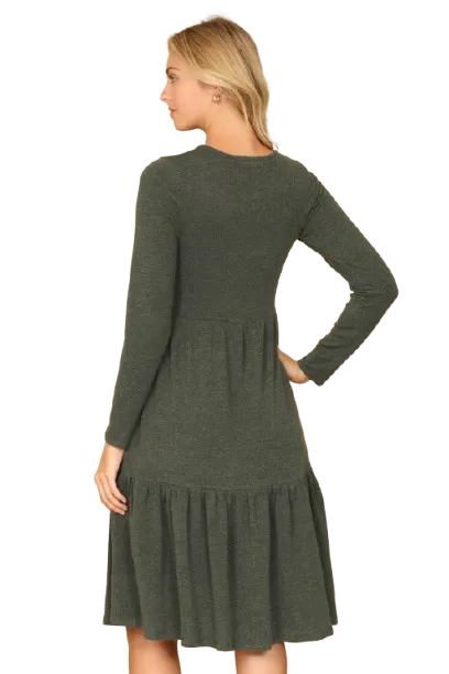 Long Sleeve Round Neck Chambray Tiered  Dark Olive - Pack of 6