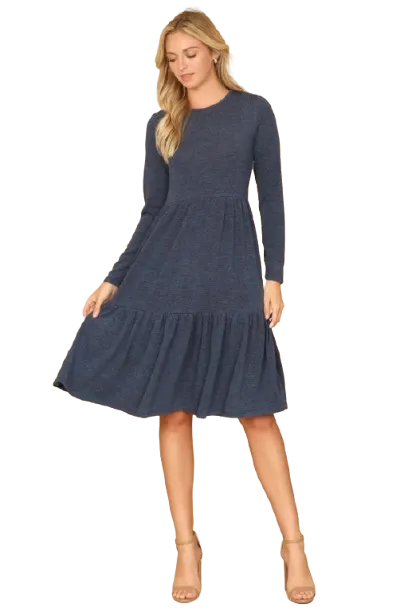 Long Sleeve Round Neck Chambray Tiered  Lt. Navy - Pack of 6