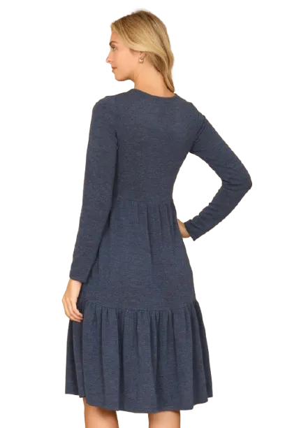 Long Sleeve Round Neck Chambray Tiered  Lt. Navy - Pack of 6
