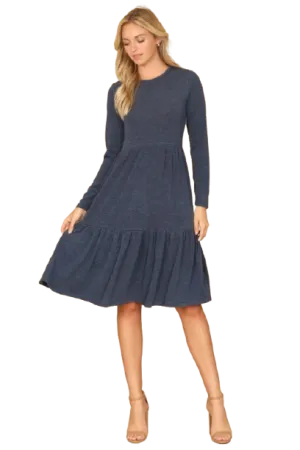 Long Sleeve Round Neck Chambray Tiered  Lt. Navy - Pack of 6