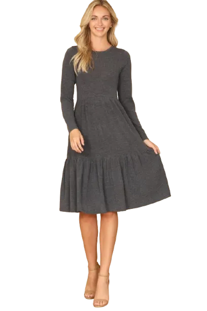 Long Sleeve Round Neck Chambray Tiered  New Charcoal - Pack of 6