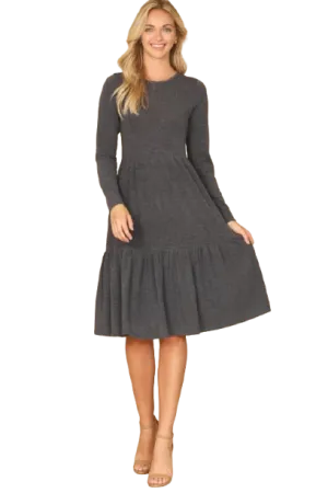 Long Sleeve Round Neck Chambray Tiered  New Charcoal - Pack of 6