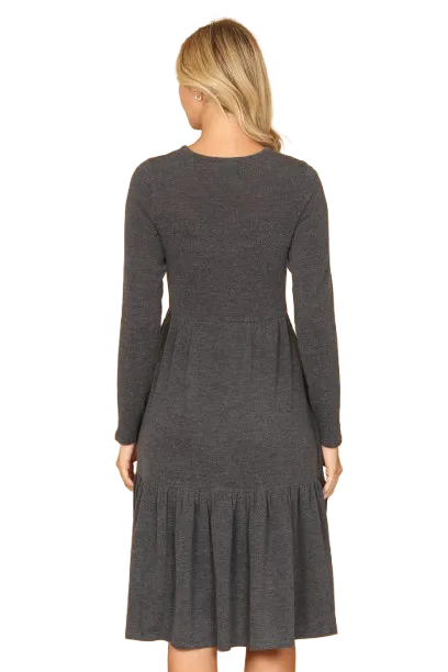 Long Sleeve Round Neck Chambray Tiered  New Charcoal - Pack of 6