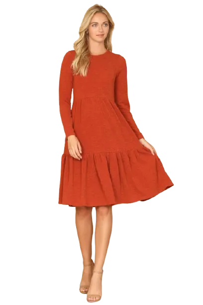 Long Sleeve Round Neck Chambray Tiered  Rust - Pack of 6