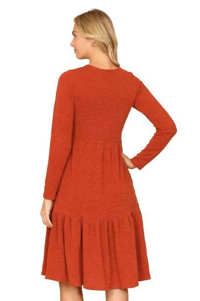 Long Sleeve Round Neck Chambray Tiered  Rust - Pack of 6