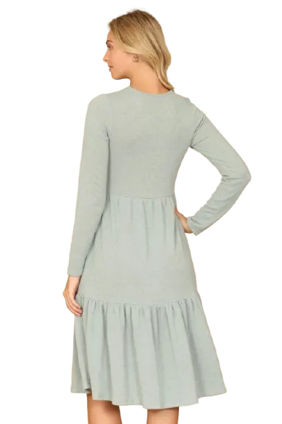 Long Sleeve Round Neck Chambray Tiered  Sage - Pack of 6