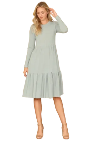 Long Sleeve Round Neck Chambray Tiered  Sage - Pack of 6