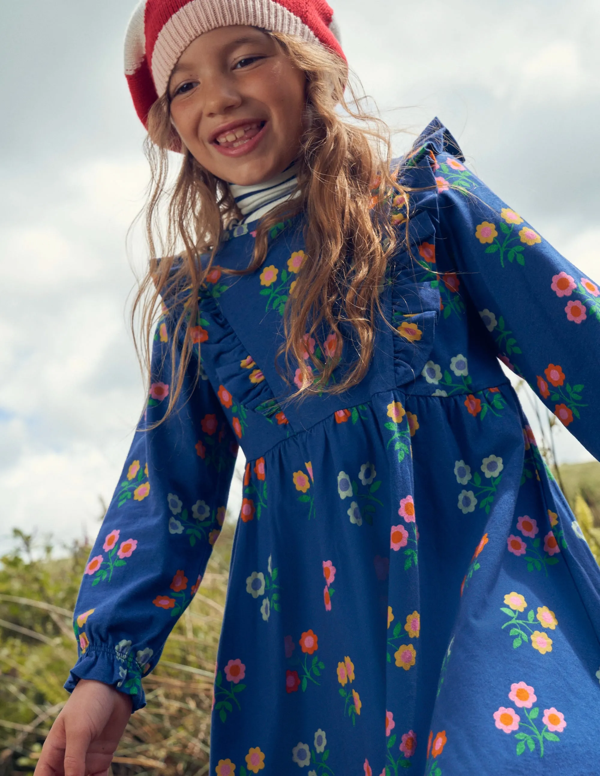 Long Sleeve Ruffle  Dress-College Navy Flower