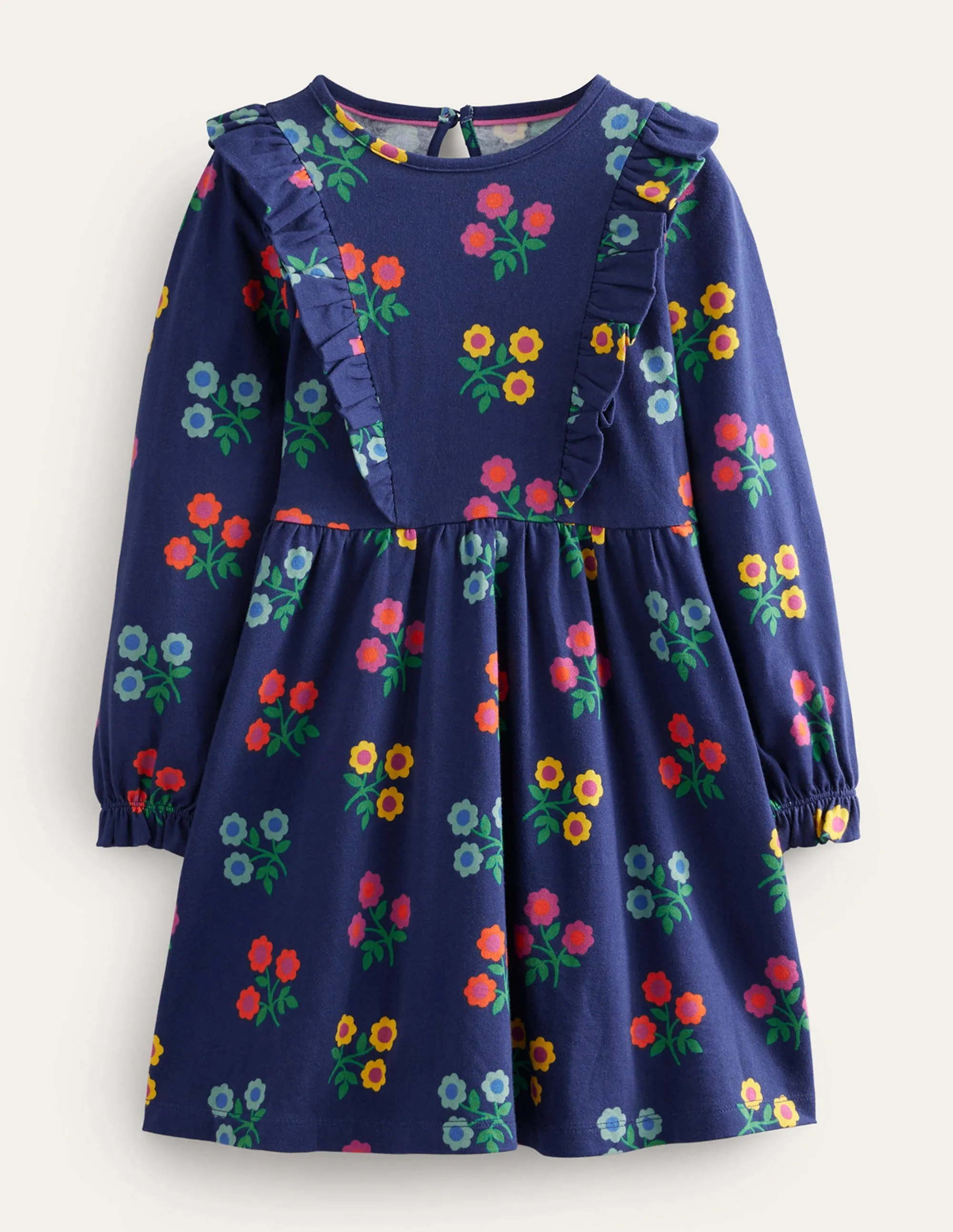 Long Sleeve Ruffle  Dress-College Navy Flower