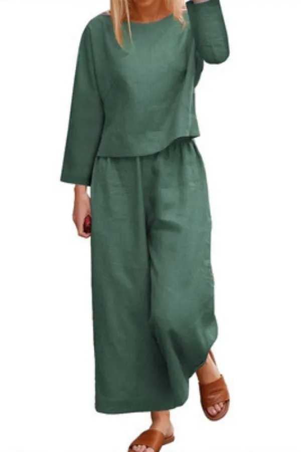 Long Sleeve Solid Color Cotton Pant Suits