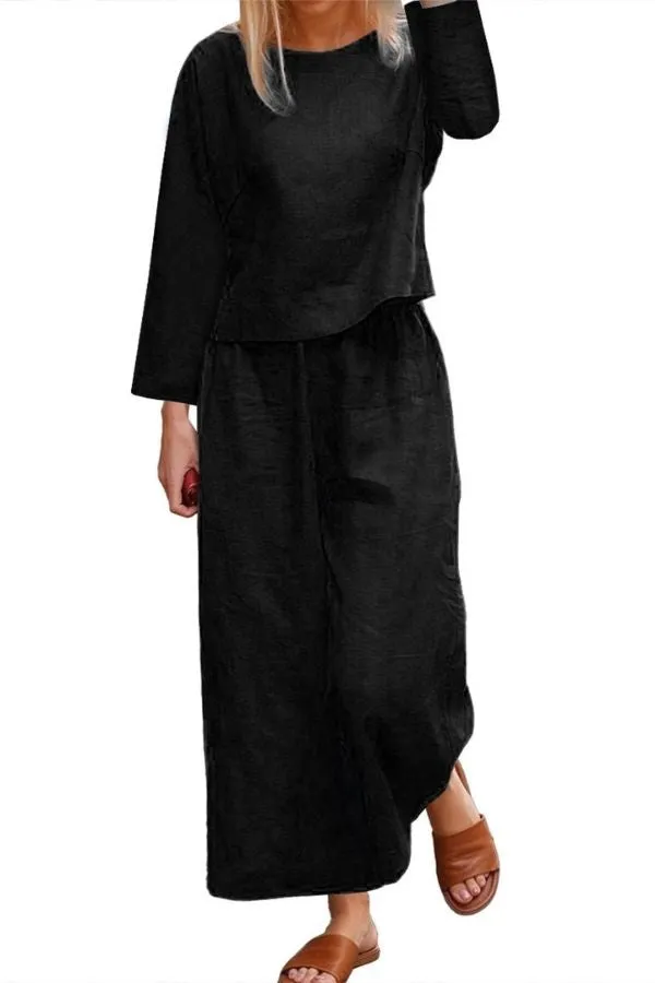 Long Sleeve Solid Color Cotton Pant Suits