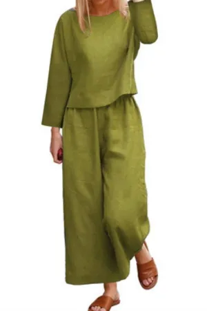 Long Sleeve Solid Color Cotton Pant Suits