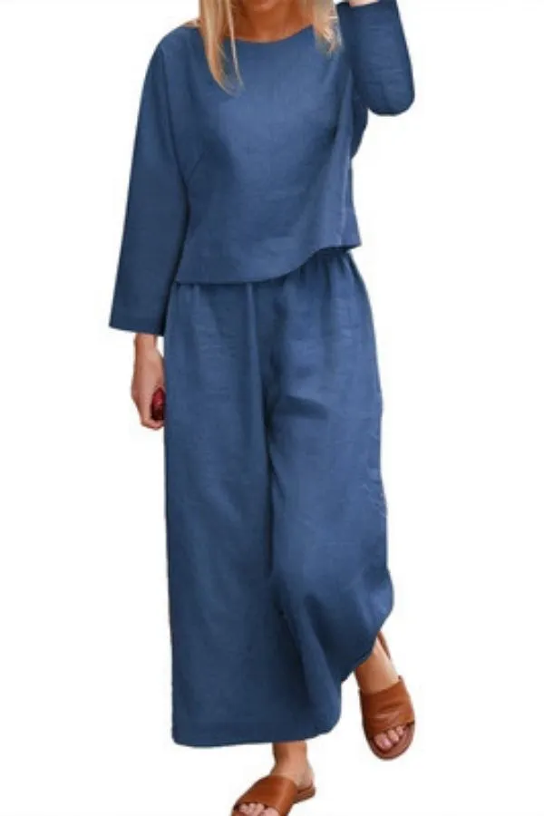 Long Sleeve Solid Color Cotton Pant Suits
