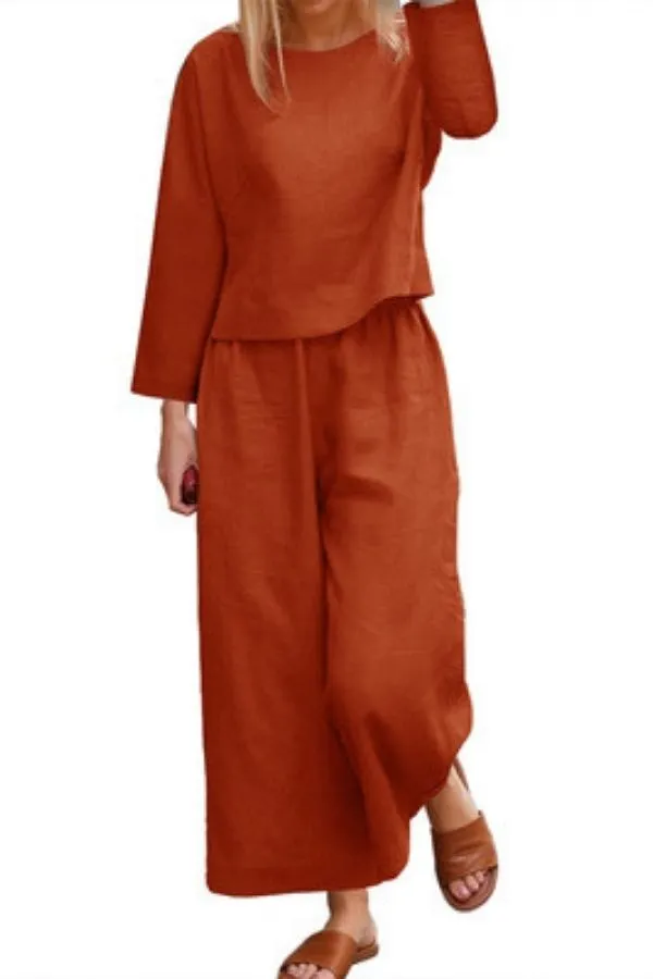 Long Sleeve Solid Color Cotton Pant Suits
