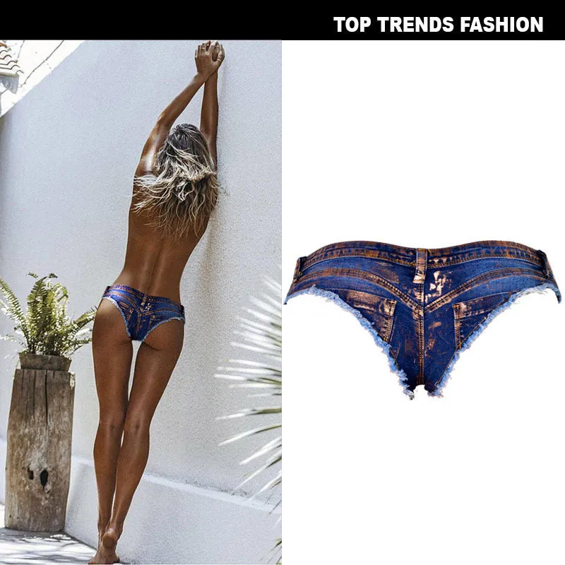 Low Rise Waist Elasticity Thong Jean Shorts Mini Denim Shorts