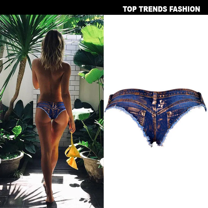Low Rise Waist Elasticity Thong Jean Shorts Mini Denim Shorts