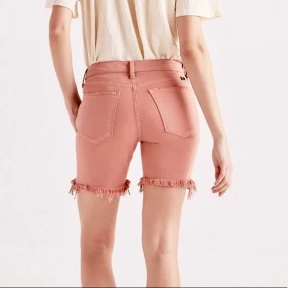 Lucky Brand Ava Jean Denim Bermuda Shorts Pink Fringe Hem High Waist 2
