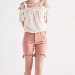 Lucky Brand Ava Jean Denim Bermuda Shorts Pink Fringe Hem High Waist 2
