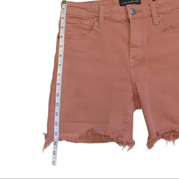 Lucky Brand Ava Jean Denim Bermuda Shorts Pink Fringe Hem High Waist 2