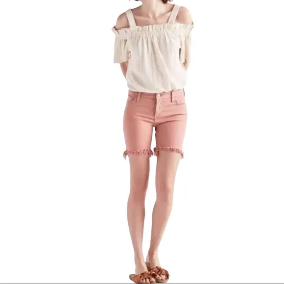 Lucky Brand Ava Jean Denim Bermuda Shorts Pink Fringe Hem High Waist 2