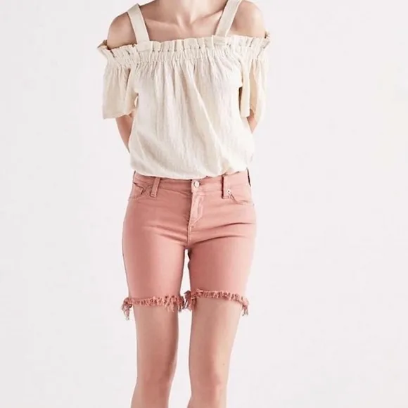 Lucky Brand Ava Jean Denim Bermuda Shorts Pink Fringe Hem High Waist 2