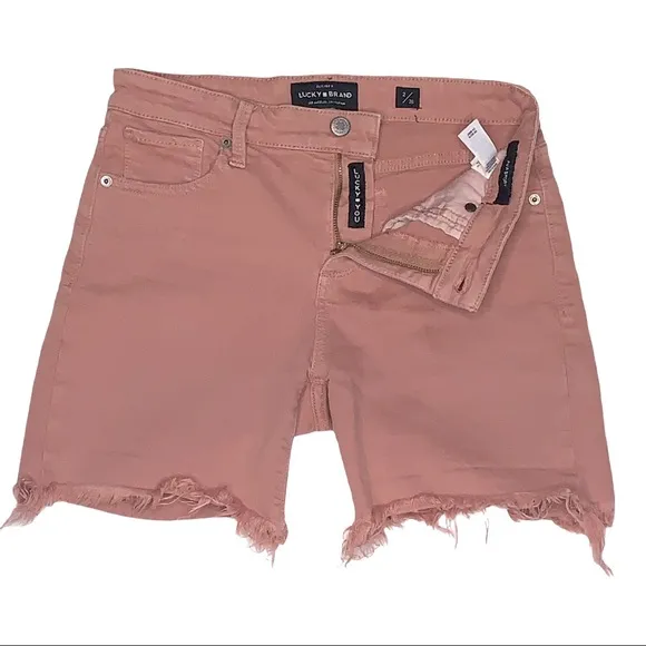 Lucky Brand Ava Jean Denim Bermuda Shorts Pink Fringe Hem High Waist 2