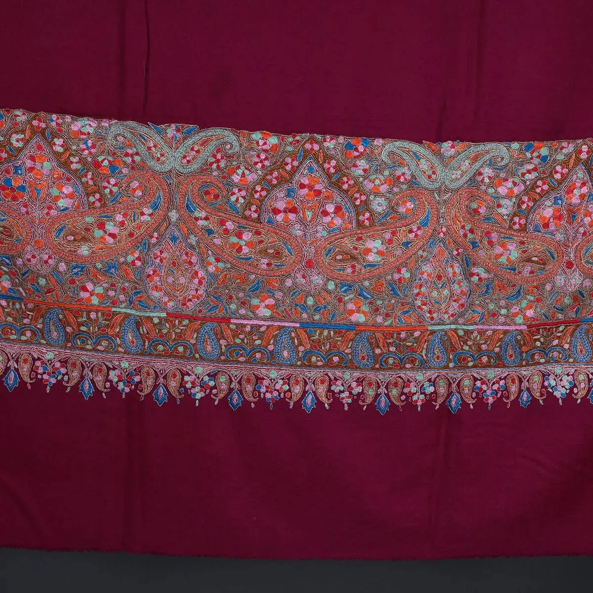 Magenta Base Border Design Sozni Embroidered Pashmina Shawl