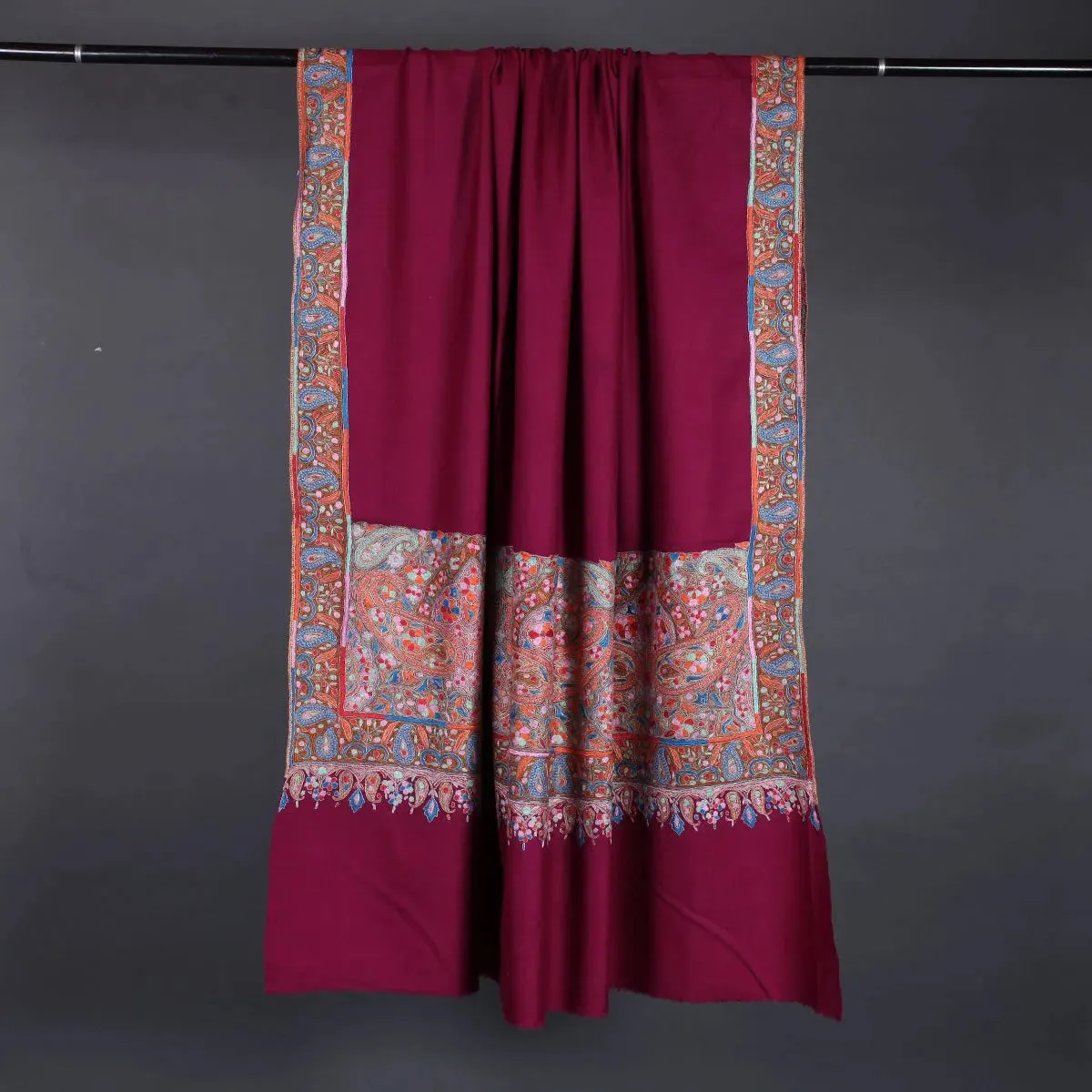 Magenta Base Border Design Sozni Embroidered Pashmina Shawl