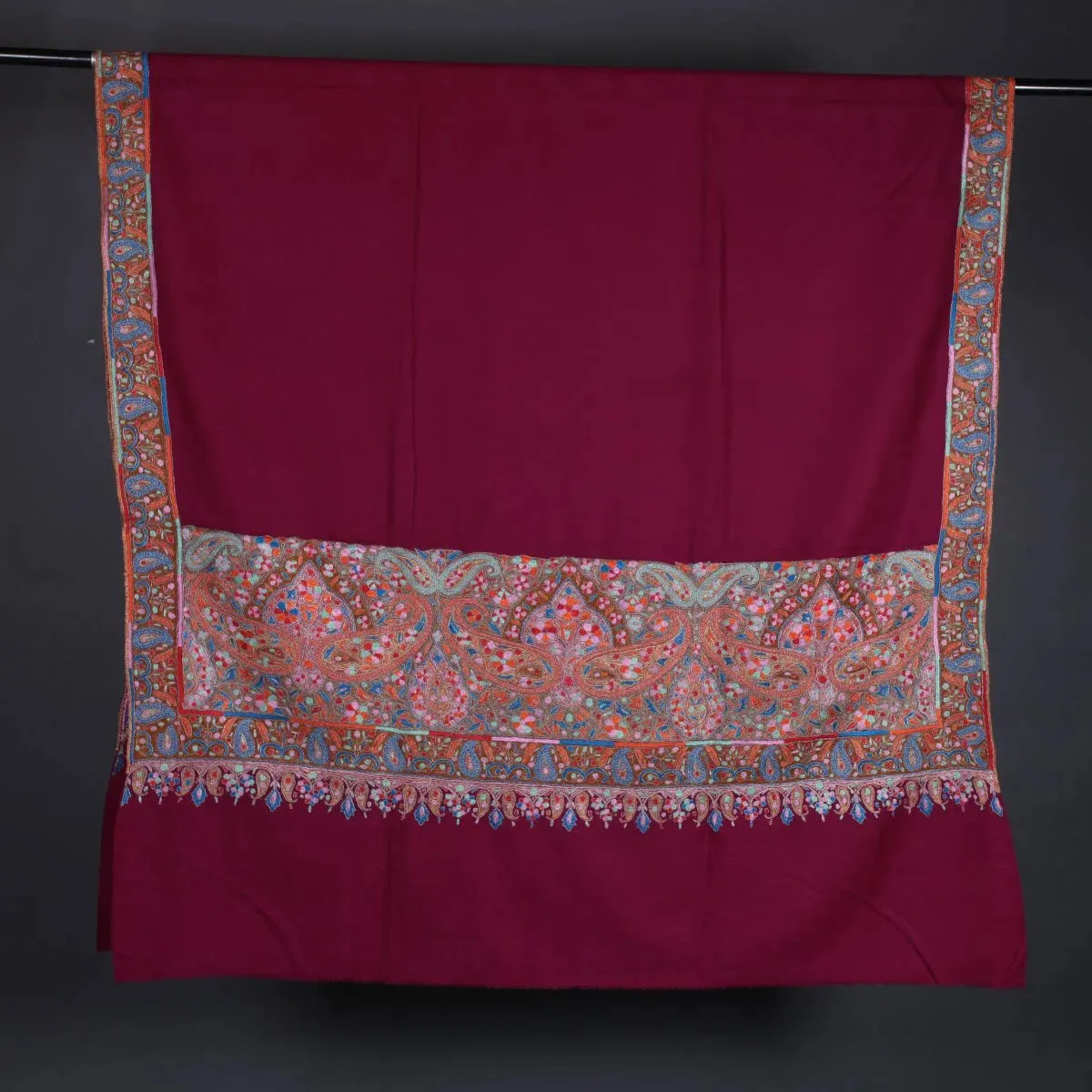 Magenta Base Border Design Sozni Embroidered Pashmina Shawl