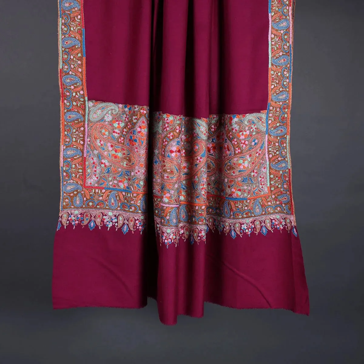 Magenta Base Border Design Sozni Embroidered Pashmina Shawl
