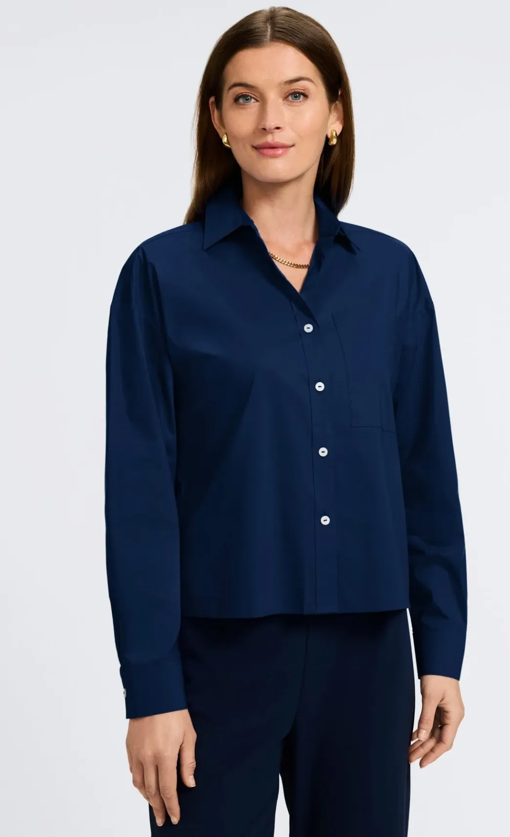 Marina No Iron Stretch Cotton Long Sleeve Shirt - Navy