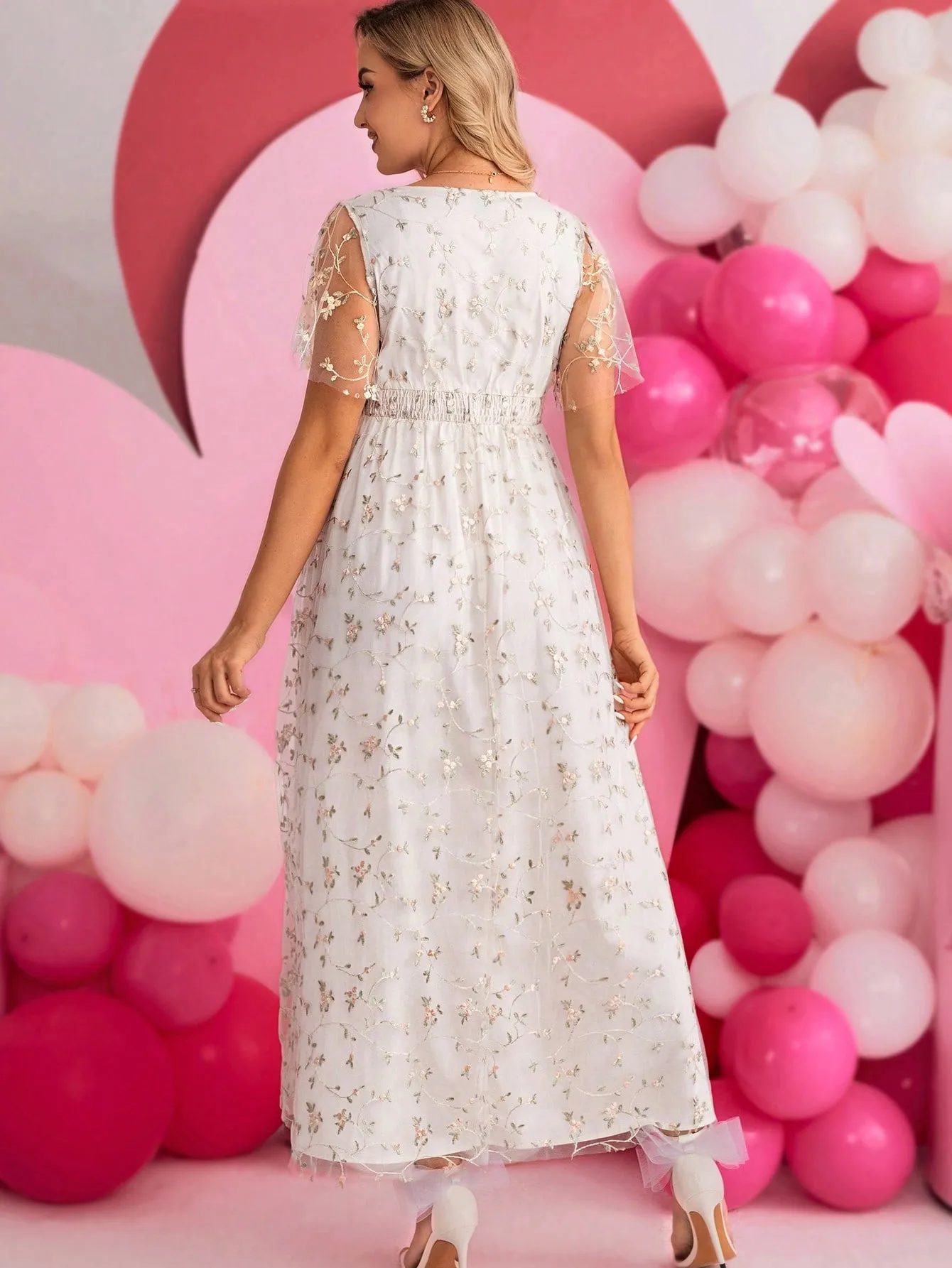 Maternity Embroidered Sheer Split Maxi Dress