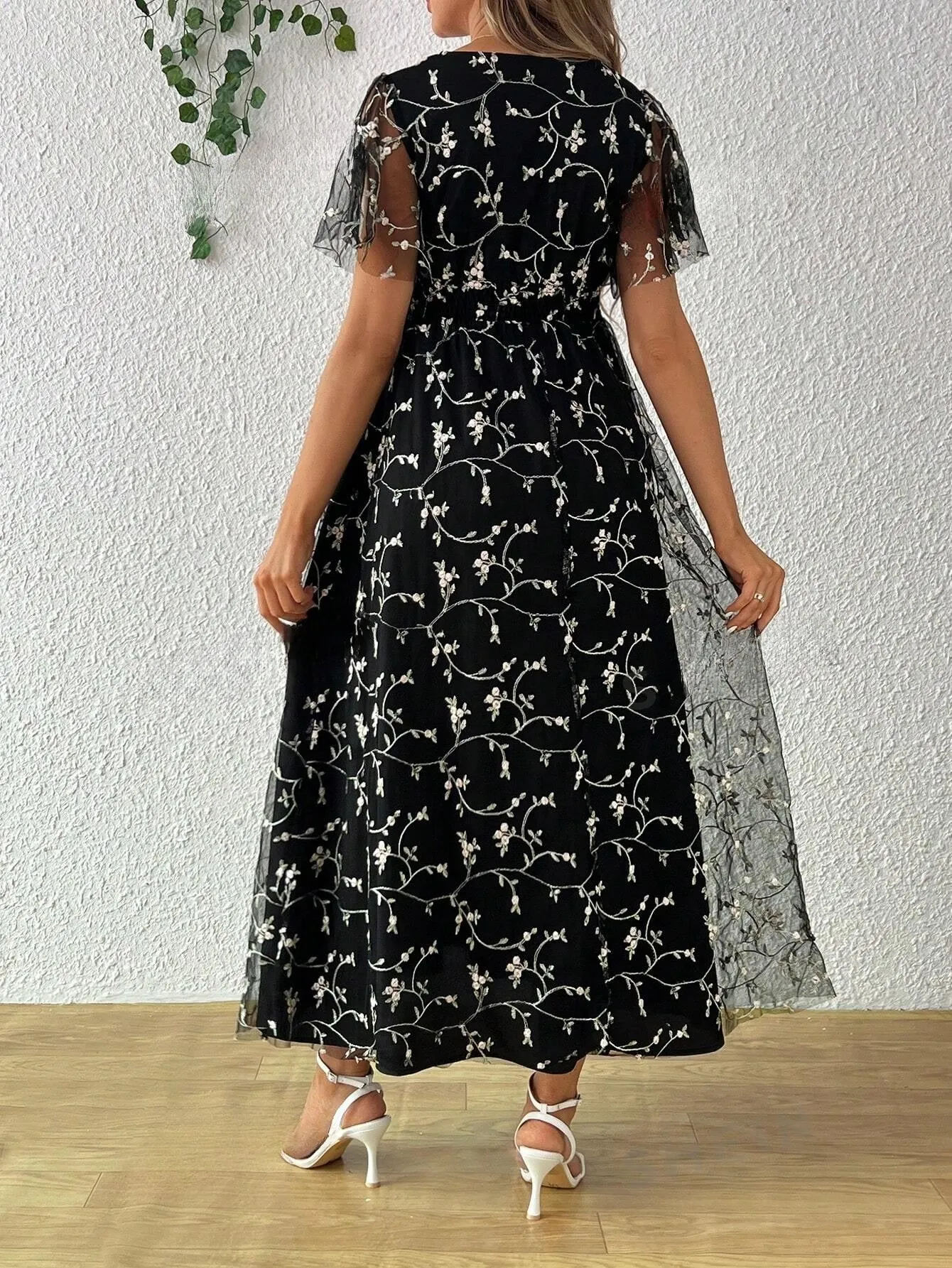 Maternity Embroidered Sheer Split Maxi Dress
