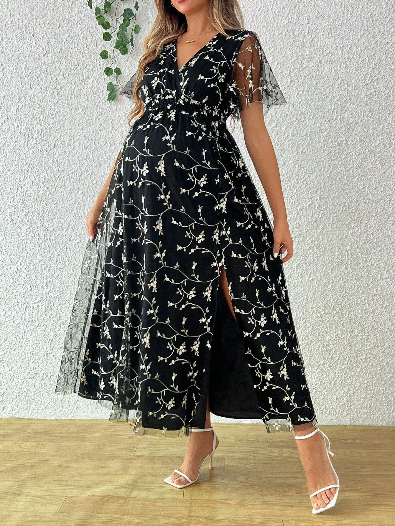Maternity Embroidered Sheer Split Maxi Dress
