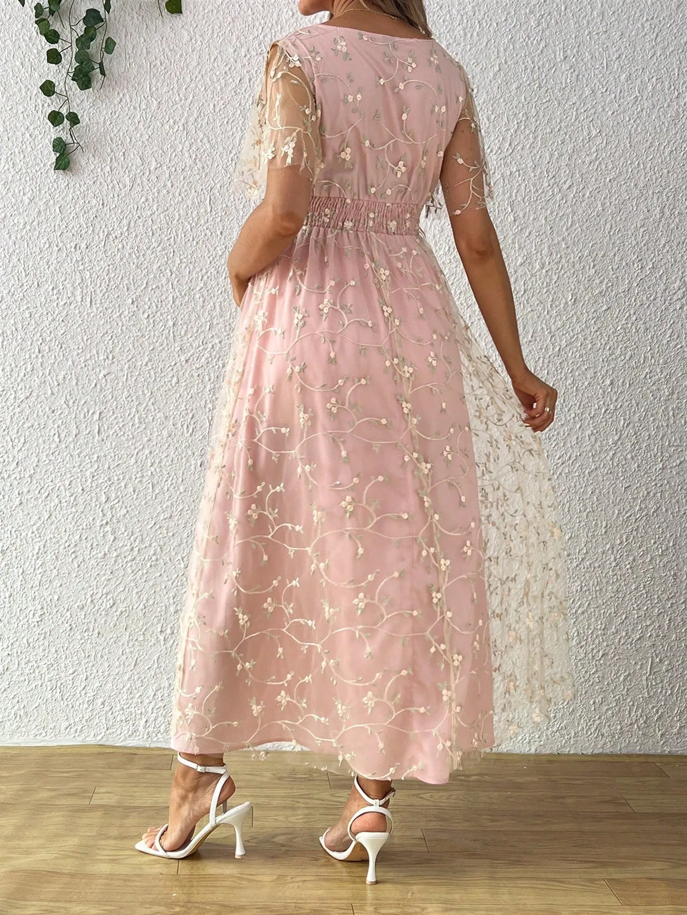 Maternity Embroidered Sheer Split Maxi Dress