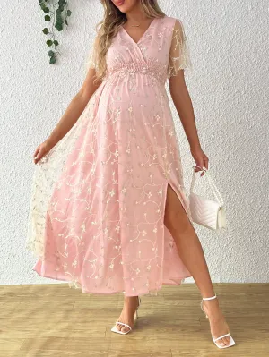 Maternity Embroidered Sheer Split Maxi Dress