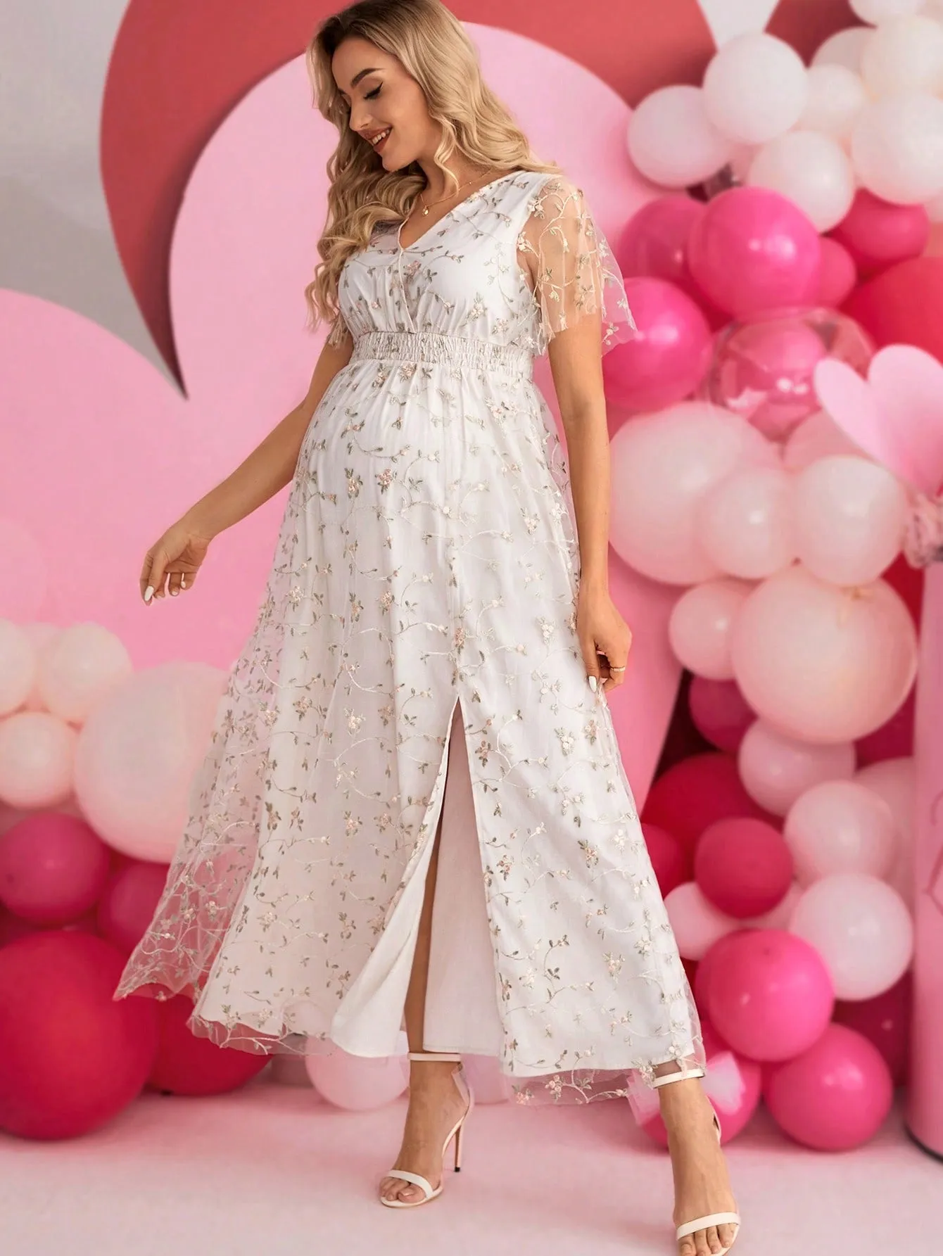 Maternity Embroidered Sheer Split Maxi Dress