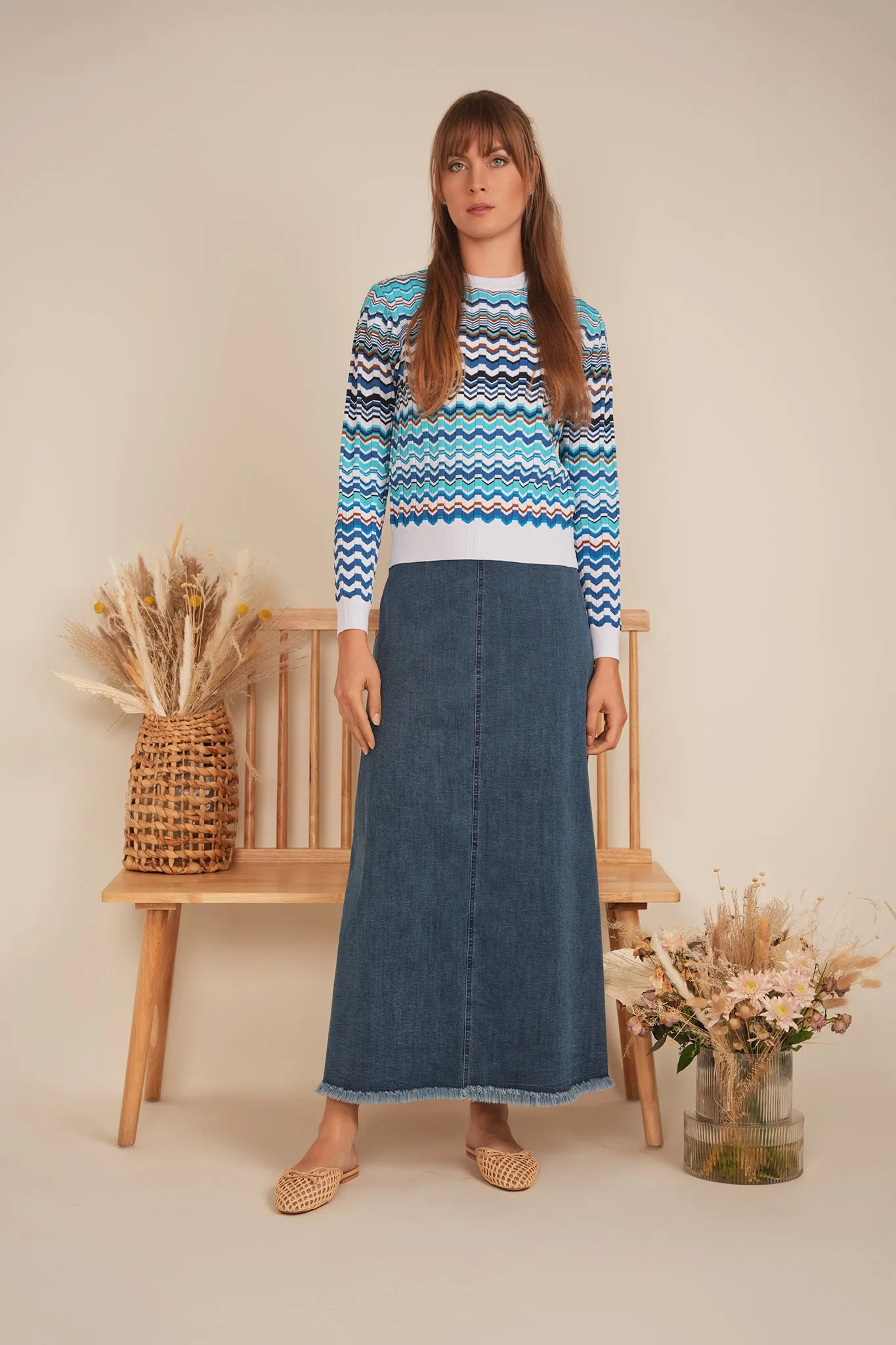 Maxi Fringe A Line Denim Skirt