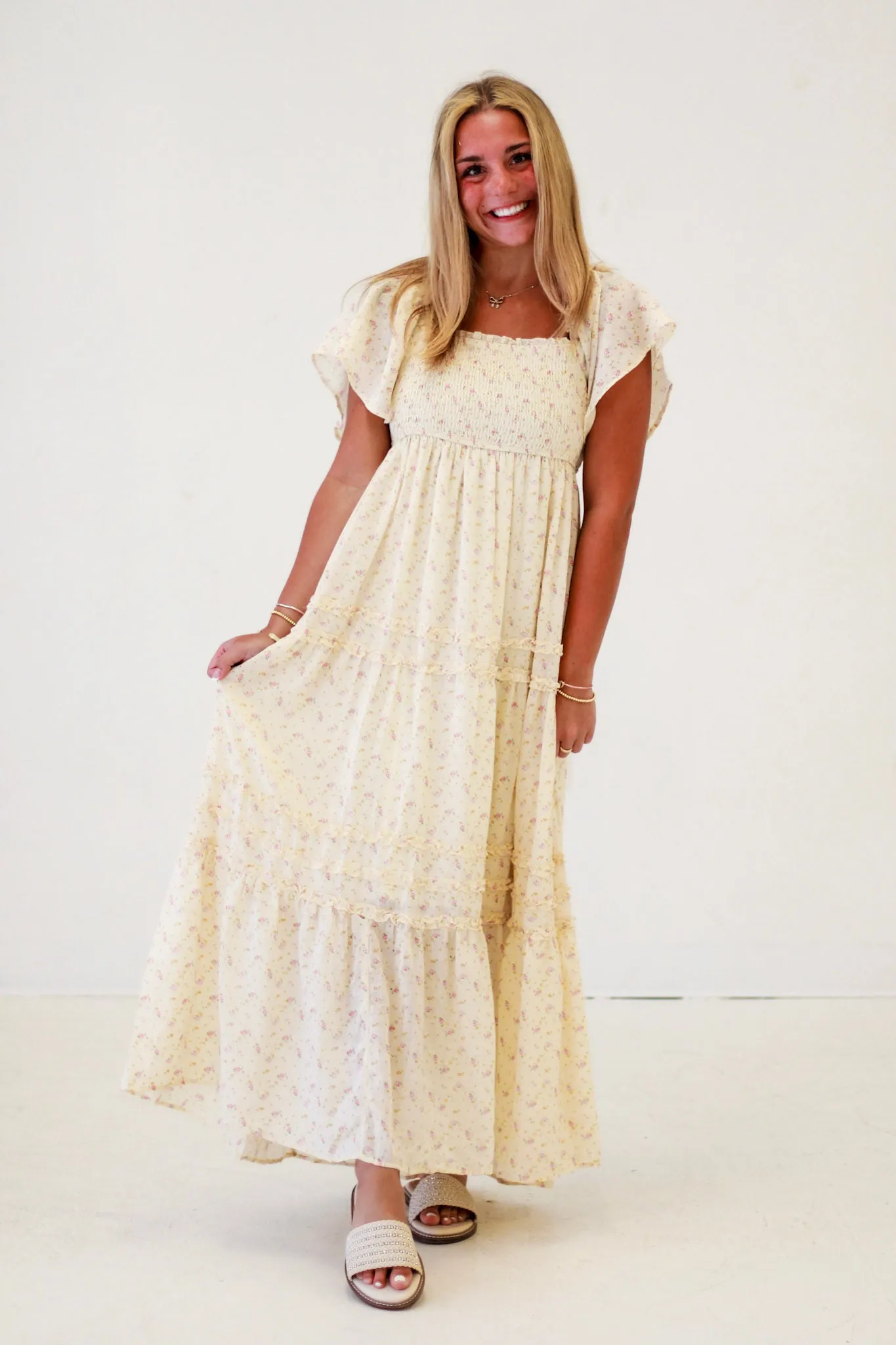 Meadow Magic Floral Print Smocked Maxi Dress in Rose Floral