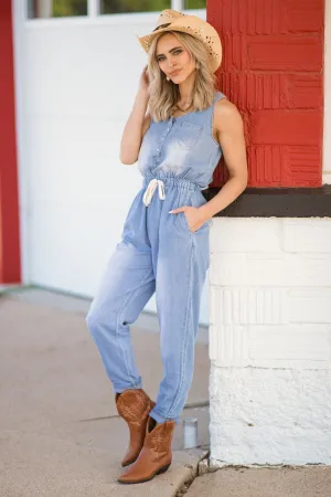 Medium Wash Drawstring Waist Chambray Jumpsuit