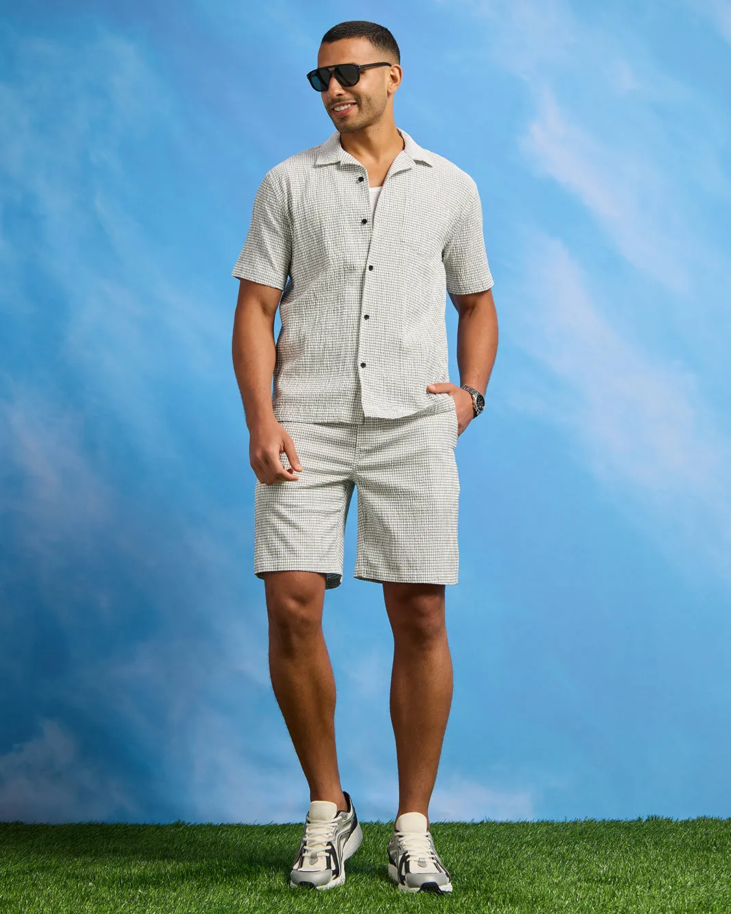 Men White Seersucker Printed Shirt
