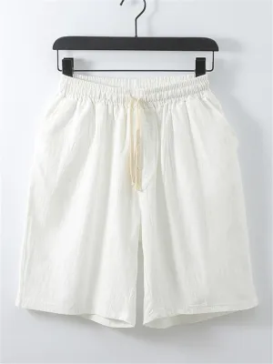 Mens Loose Casual Linen Solid Color Knee Shorts