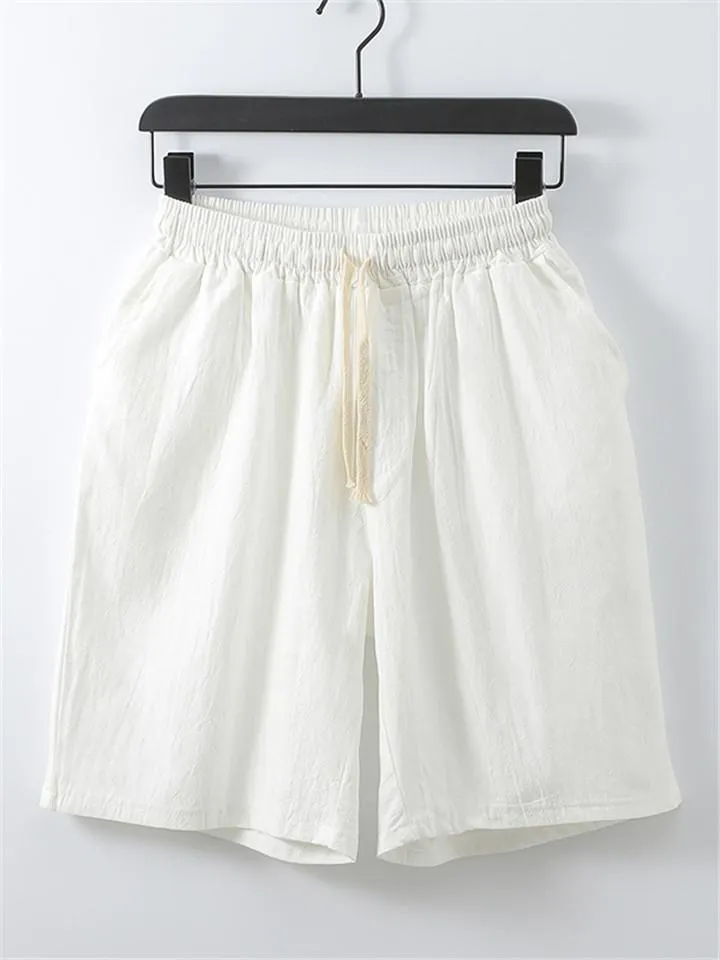 Mens Loose Casual Linen Solid Color Knee Shorts
