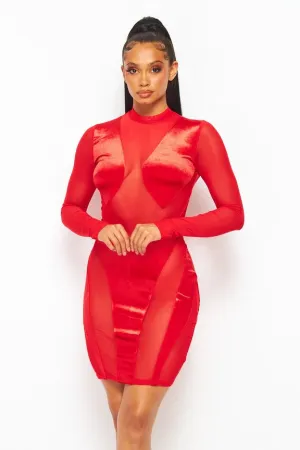 Mesh & Velvet Long Sleeve Mini Dress