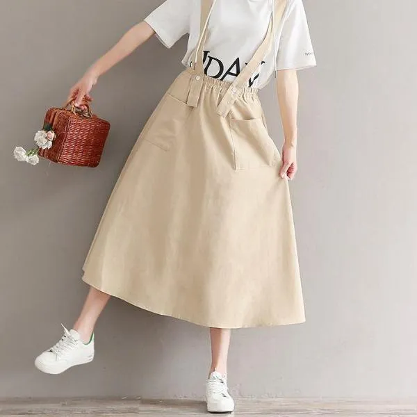 Mferlier Summer Womens Skirts Elastic Waist Removable Strap Two Front Pocket Cotton Linen Artsy Female Casual Skirts